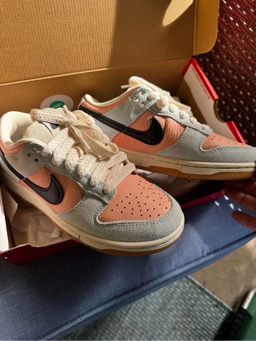 Woman’s Nike Dunk Low-Top Sneakers in Peach/blue with braided laces